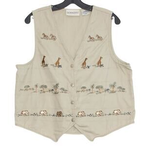 Vintage Vest Safari Cottage Preppy Academia Animal Embroidered Button Tan Large